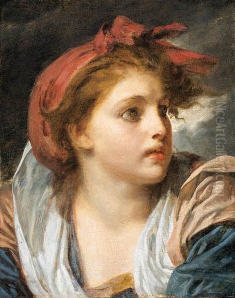 A Girl, Bust Length, Wearing A Red Headscarf Oil Painting by Jean Baptiste Greuze