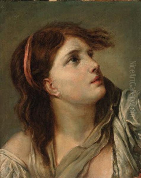 Portrait Of A Young Lady - Head And Shoulders Oil Painting by Jean Baptiste Greuze