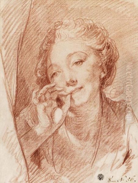 A Young Woman Appearing Behind A Curtain, Her Hand At Hermouth Oil Painting by Jean Baptiste Greuze