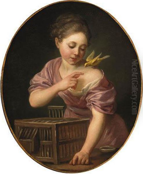 A Girl With A Canary And An Open Cage Oil Painting by Jean Baptiste Greuze