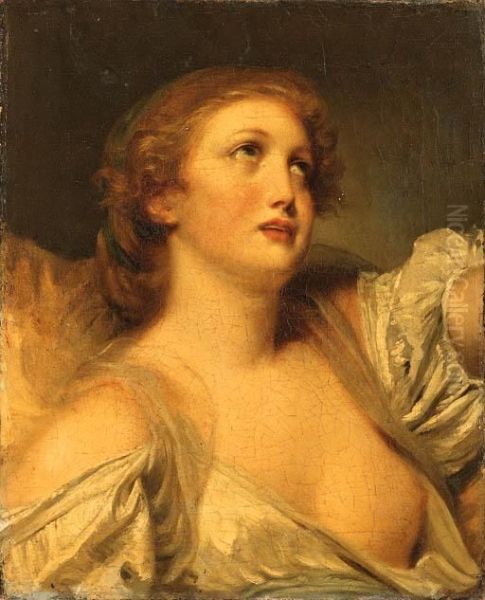 A Girl, Bust Length, En Deshabill Oil Painting by Jean Baptiste Greuze