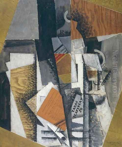 Bottle of Whisky and the Pack of Scaferlati Oil Painting by Louis Marcoussis (Ludwik Markus)