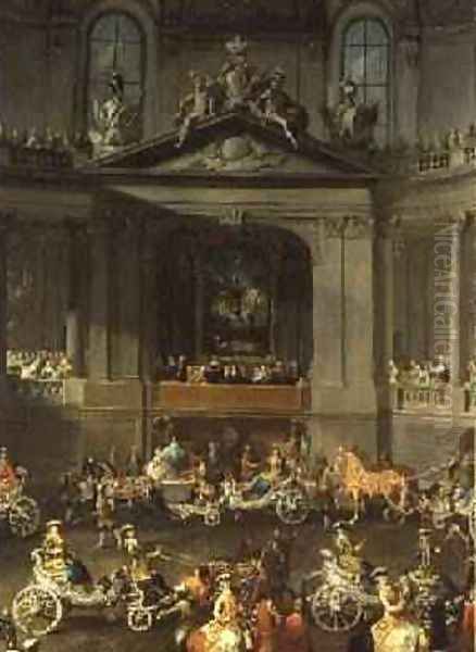 A Cavalcade in the Winter Riding School of the Vienna Hof to celebrate the defeat of the French Army at Prague showing the equestrian portrait of Emperor Charles VI 1743 Oil Painting by Martin II Mytens or Meytens