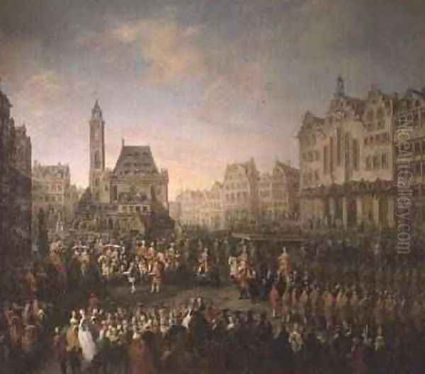 The coronation procession of Joseph II 1741-90 in Romerberg 1764 Oil Painting by Martin II Mytens or Meytens