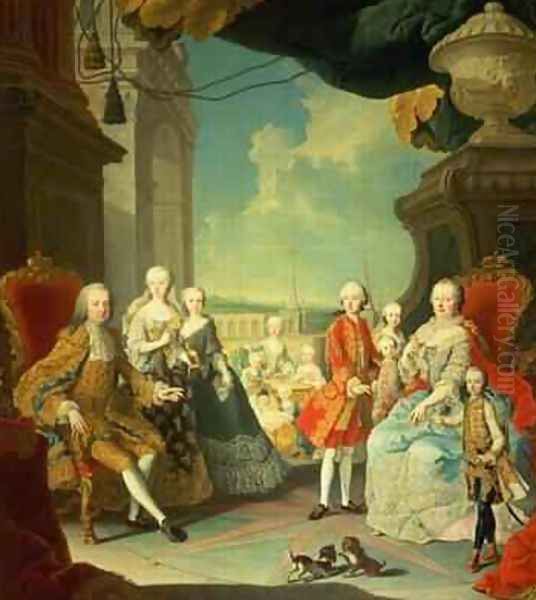 Maria Theresa and her Husband at the staircase leading from the Great Hall of Schloss Schonbrunn into the large courtyard Oil Painting by Martin II Mytens or Meytens