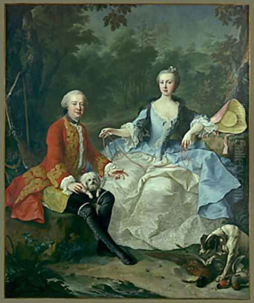 Count Giacomo Durazzo in the Guise of a Huntsman with His Wife probably early 1760s Oil Painting by Martin II Mytens or Meytens