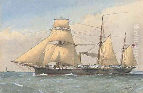 H.M.S Avon off the Eddystone lighthouse, under sail and steam Oil Painting by William Frederick Mitchell