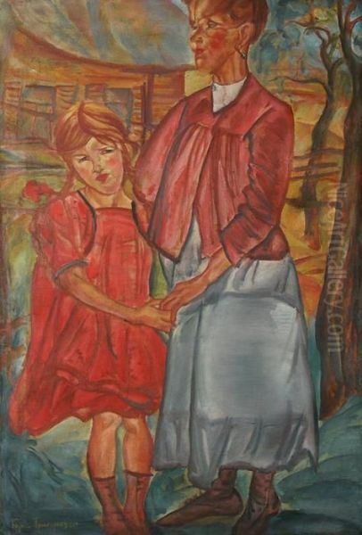 Mother And Child Oil Painting by Boris Dimitrevich Grigoriev