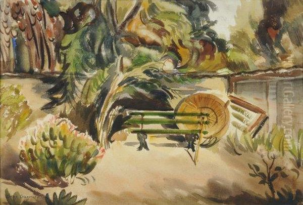 Coin De Jardin Au Banc Et Parasol Oil Painting by Boris Dimitrevich Grigoriev