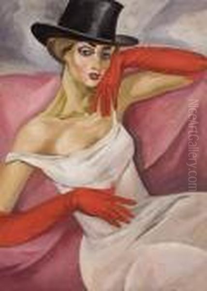 Lady In Top Hat Oil Painting by Boris Dimitrevich Grigoriev