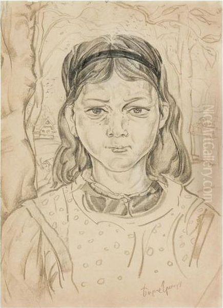 Portrait Of A Russian Village Girl. Oil Painting by Boris Dimitrevich Grigoriev