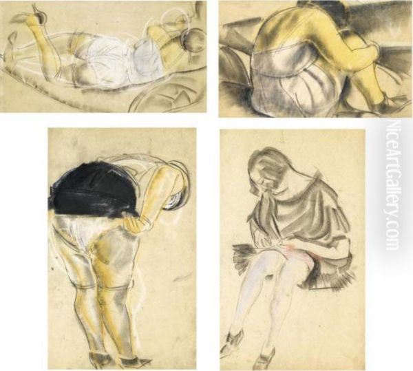 A Group Of 4 Erotic Drawings Oil Painting by Boris Dimitrevich Grigoriev