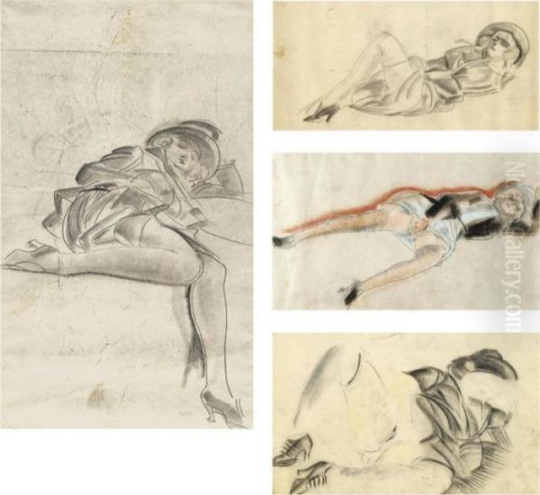 A Group Of 3 Erotic Drawings , One Double-sided Oil Painting by Boris Dimitrevich Grigoriev