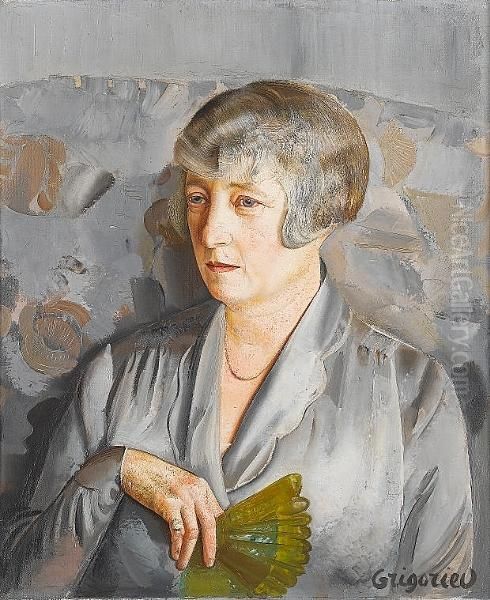 Portrait Of Madam Barthelemy With Green Fan Oil Painting by Boris Dimitrevich Grigoriev