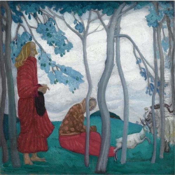 Figures In A Landscape Oil Painting by Boris Dimitrevich Grigoriev