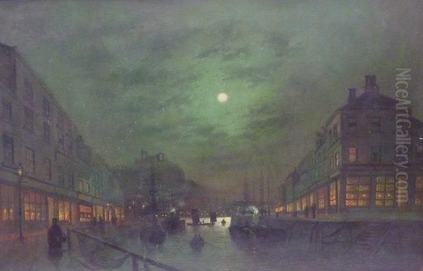 Moonlit Dock Scene With Abbey In The Background Oil Painting by John Atkinson Grimshaw