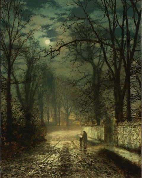 A Moonlit Lane Oil Painting by John Atkinson Grimshaw