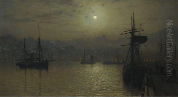 Old Scarborough, Full Moon, High Water Oil Painting by John Atkinson Grimshaw