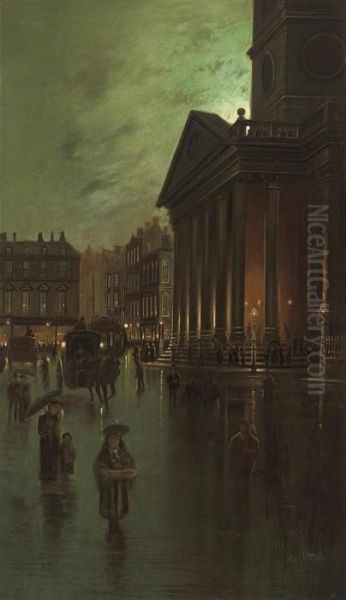 Figures In A Moonlit City Street Oil Painting by John Atkinson Grimshaw