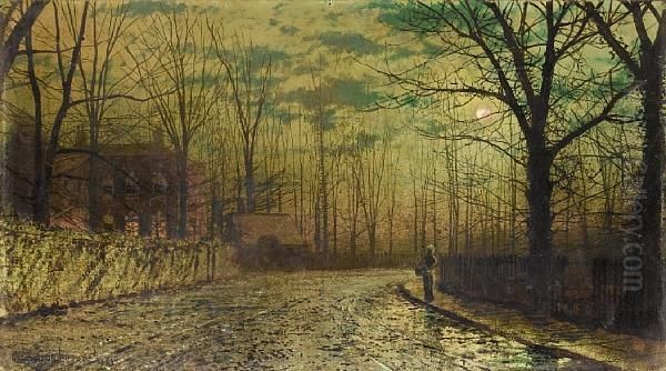 Figure On A Moonlit Lane, St. John's Road, Ryde, Isle Of Wight Oil Painting by John Atkinson Grimshaw