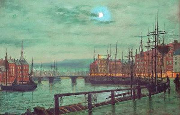 Whitby Harbour By Moonlight Oil Painting by John Atkinson Grimshaw