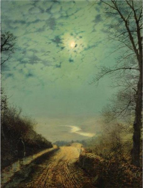 A Wet Road By Moonlight, Wharfedale Oil Painting by John Atkinson Grimshaw