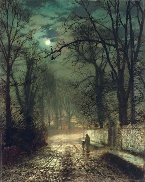 A Moonlit Lane Oil Painting by John Atkinson Grimshaw