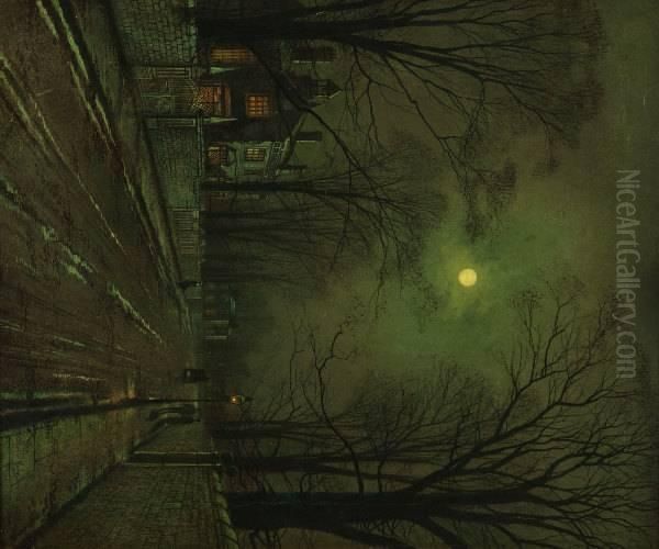 Attributed To John Atkinson Grimshaw . October's Full Moon On Village Street Oil Painting by John Atkinson Grimshaw