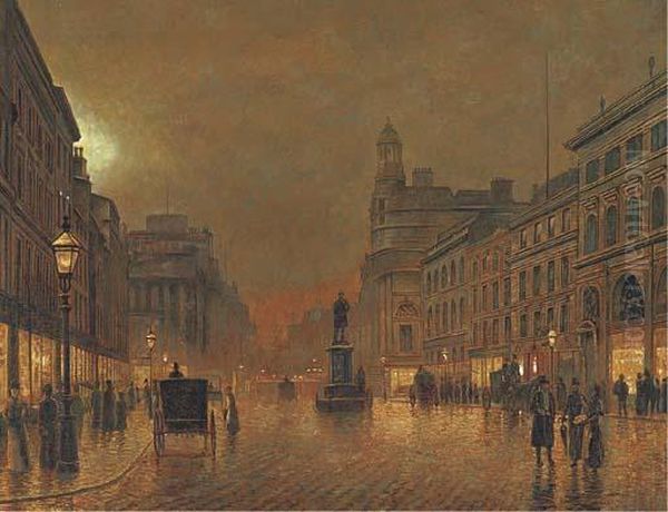 A Busy Street By Night Oil Painting by John Atkinson Grimshaw