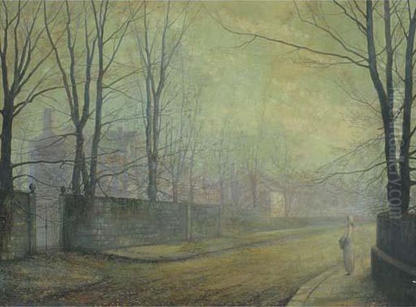 A Moonlit Street Oil Painting by John Atkinson Grimshaw