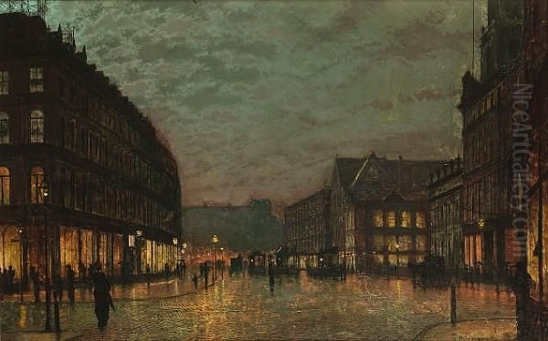 Boar Lane, Leeds, By Lamplight Oil Painting by John Atkinson Grimshaw