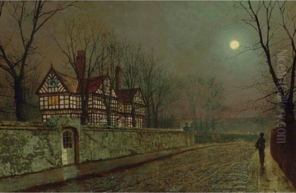 A Cheshire Road By Moonlight Oil Painting by John Atkinson Grimshaw