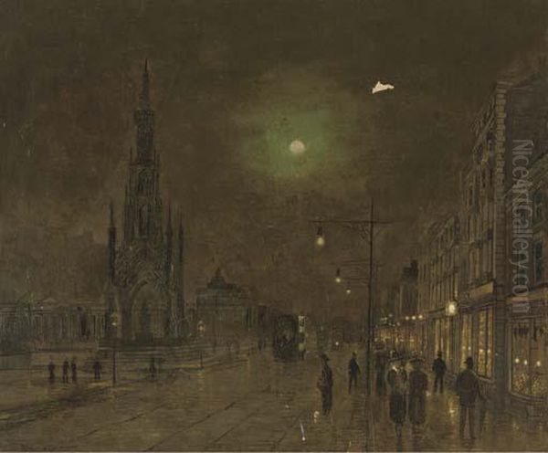 The Scott Memorial And Princes's Street, Edinburgh At Night Oil Painting by John Atkinson Grimshaw