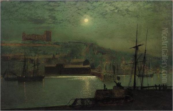 Whitby Harbour By Moonlight Oil Painting by John Atkinson Grimshaw