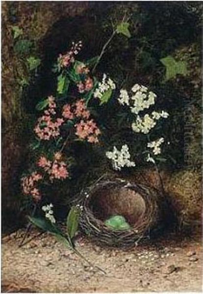 Still Life Of Birds Nest With Primulas And Blossom Oil Painting by John Atkinson Grimshaw