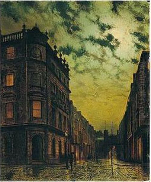 Street Scene In Scarborough - Newbrough On A Wet Night Oil Painting by John Atkinson Grimshaw