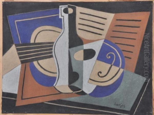 A Bottle, 
Guitar And Music Oil Painting by Juan Gris