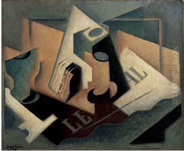 Pipe, Tabac, Verre Et Journal, 1919 Oil Painting by Juan Gris