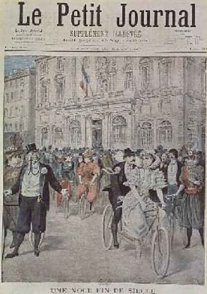 A Wedding on a Bicycle front cover illustration from Le Petit Journal 5th March 1897 Oil Painting by Henri Meyer