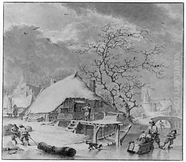 Winter Figures on the Ice near a House, a church beyond Oil Painting by Henri Meyer