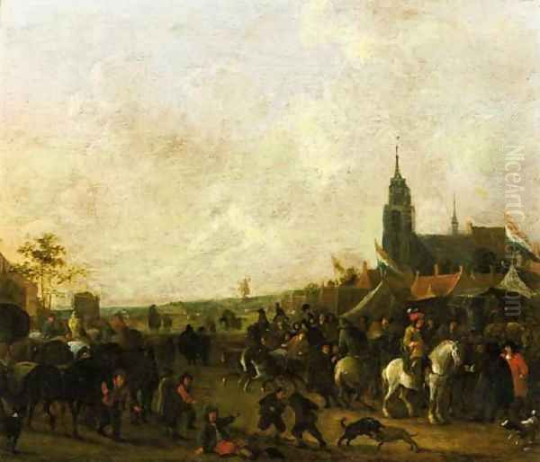 A horse fair outside a town Oil Painting by Henri Meyer