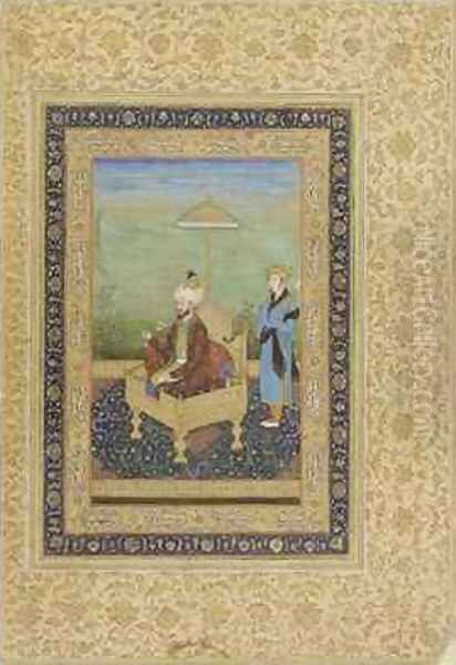 Two deer in a landscape School of Jahandir Oil Painting by (Ustad Mansur) Mansur