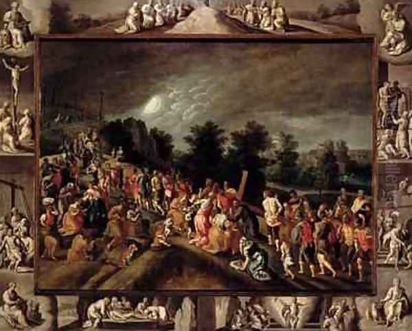 The Road to Calvary Depicted in the Central Panel and Scenes from the Crucifixion and Resurrection on the Frame Oil Painting by Gillis Mostaert