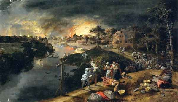 Scene of War and Fire Oil Painting by Gillis Mostaert