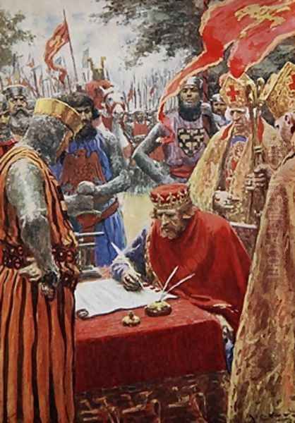 King John signing the Magna Carta reluctantly Oil Painting by A.C. Michael