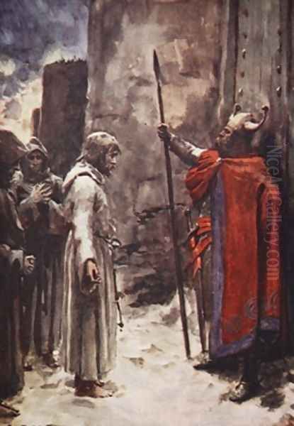 Barefoot clad in a hair shirt, Henry appeared before the gates begging for admission illustration from A History of Germany Oil Painting by A.C. Michael