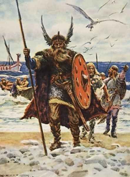 The Landing of the Vikings illustration from This Country of Ours The Story of the United States Oil Painting by A.C. Michael