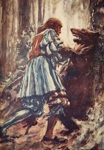 Once when attacked by a she-bear he choked her with his bare hands illustration from A History of Germany Oil Painting by A.C. Michael