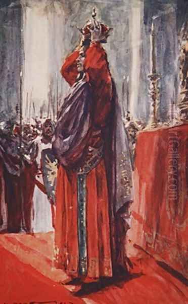 He reached the altar where the crown lay lifting it he placed it upon his head illustration from A History of Germany Oil Painting by A.C. Michael