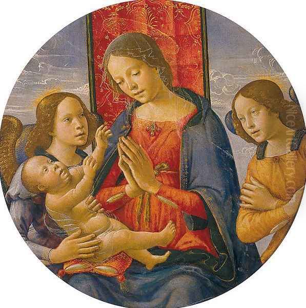 Virgin Adoring the Child with Two Angels 1490s Oil Painting by Bastiano Mainardi